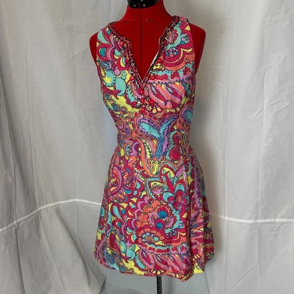 Lilly Pulitzer Vibrant Multicolor Paisley Dress with beaded neckline - Picture 1 of 12